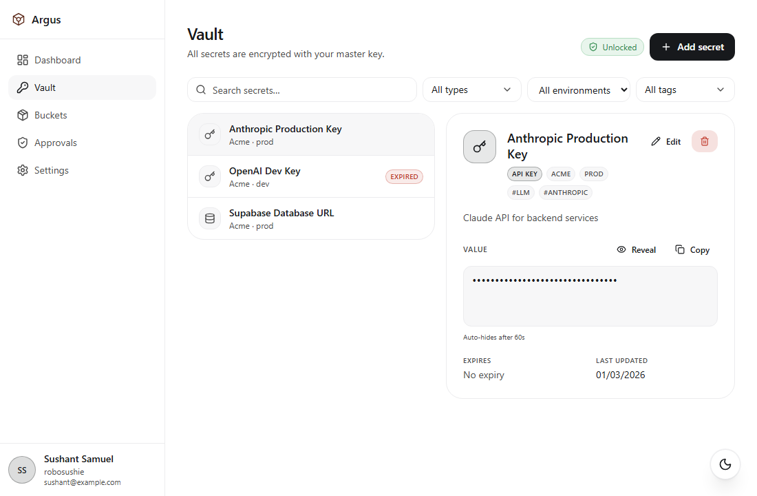 Argus — Local secrets vault for developers